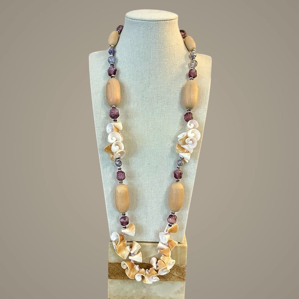 Miriam Haskell Amethyst Glass Wood Shell Stone Necklace Vintage Unique